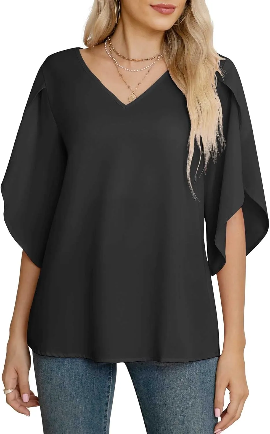 Jouica Women's Fall Casual 3/4 Ruffled Sleeve Chiffon Blouse Tops for Women