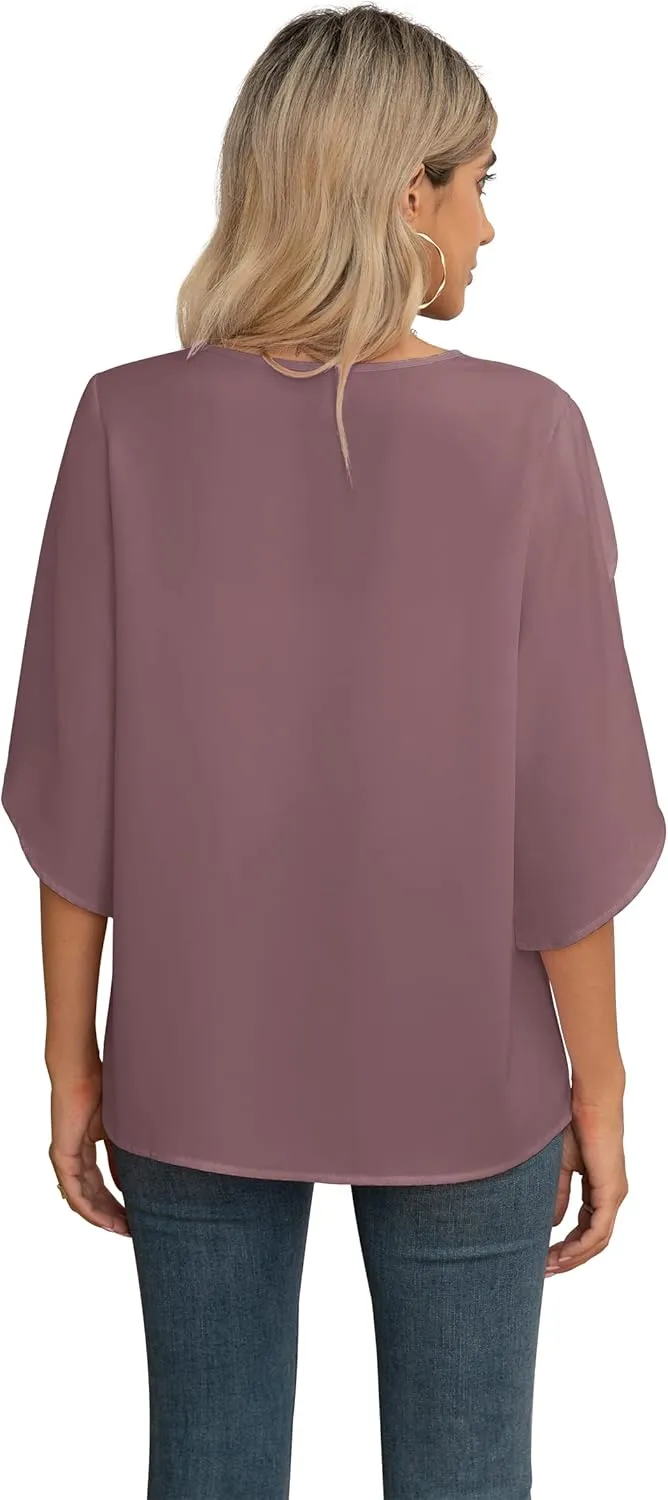Jouica Women's Fall Casual 3/4 Ruffled Sleeve Chiffon Blouse Tops for Women