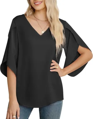 Jouica Women's Fall Casual 3/4 Ruffled Sleeve Chiffon Blouse Tops for Women