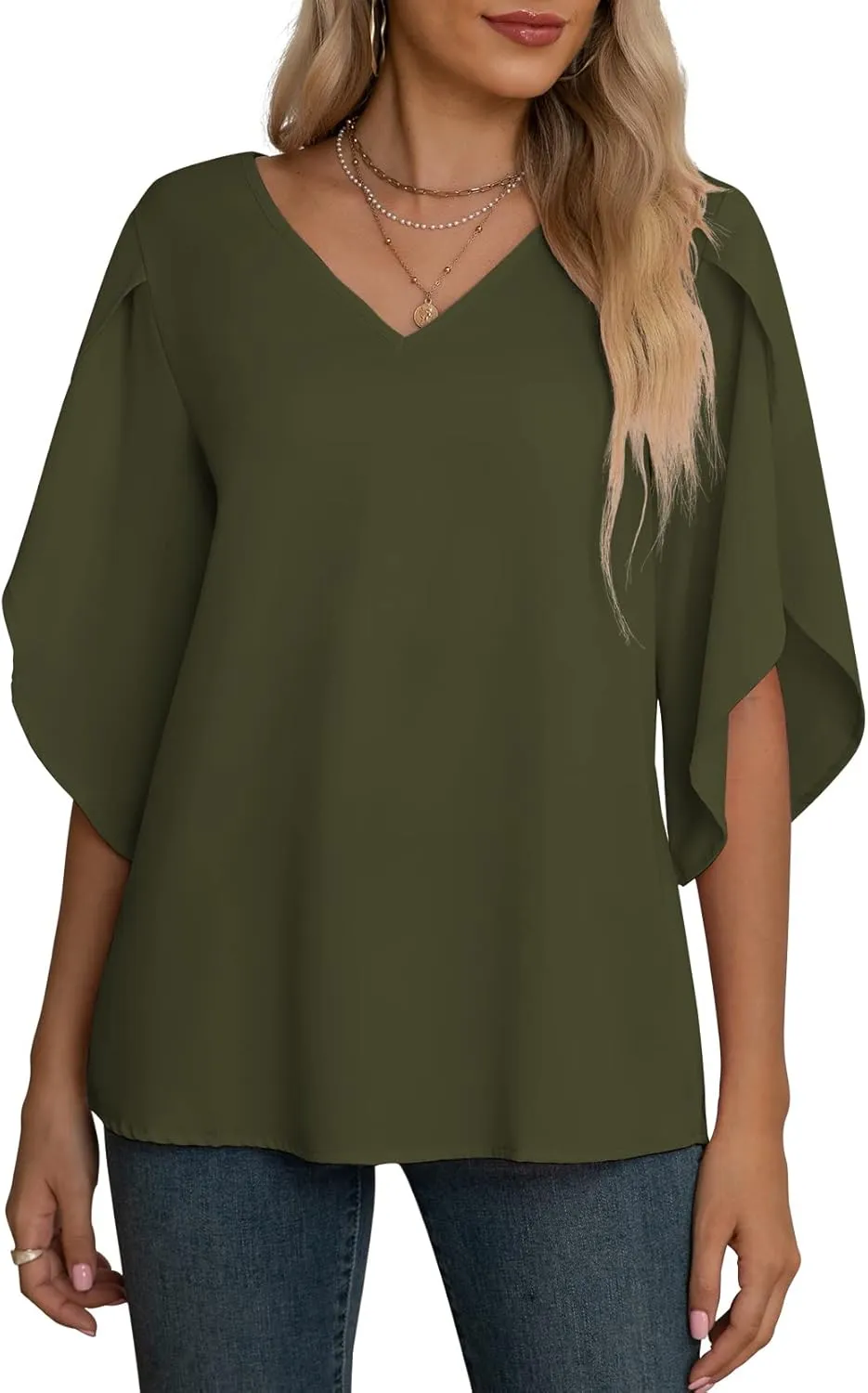 Jouica Women's Fall Casual 3/4 Ruffled Sleeve Chiffon Blouse Tops for Women