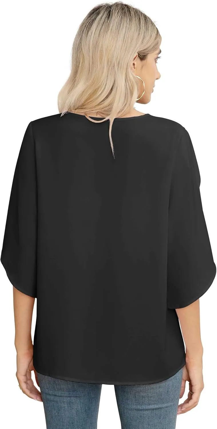 Jouica Women's Fall Casual 3/4 Ruffled Sleeve Chiffon Blouse Tops for Women