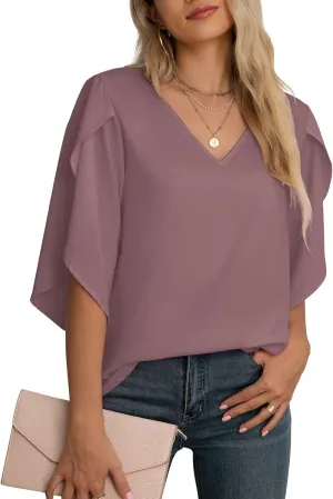 Jouica Women's Fall Casual 3/4 Ruffled Sleeve Chiffon Blouse Tops for Women