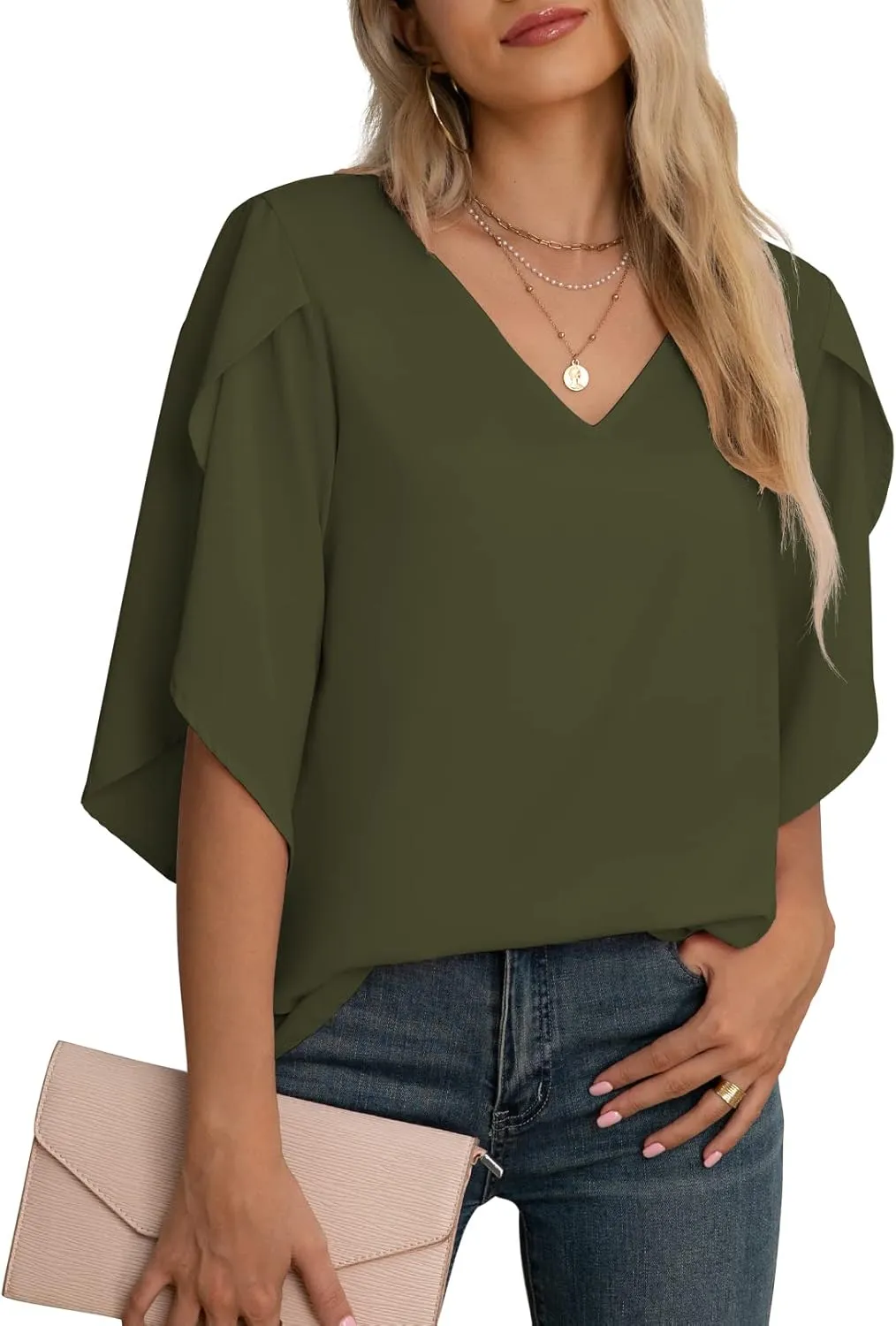 Jouica Women's Fall Casual 3/4 Ruffled Sleeve Chiffon Blouse Tops for Women