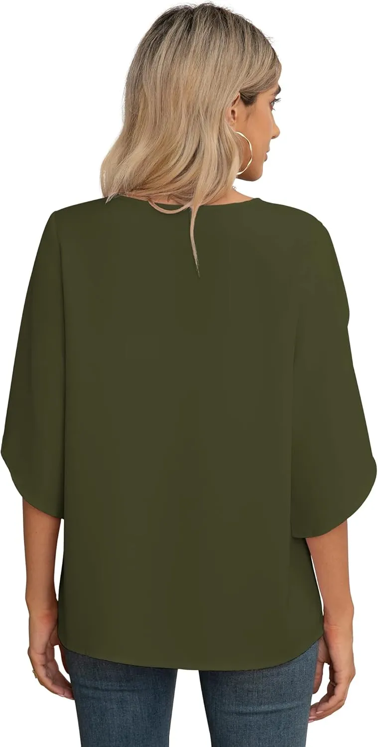 Jouica Women's Fall Casual 3/4 Ruffled Sleeve Chiffon Blouse Tops for Women