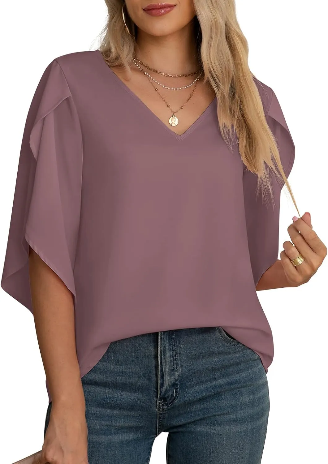Jouica Women's Fall Casual 3/4 Ruffled Sleeve Chiffon Blouse Tops for Women
