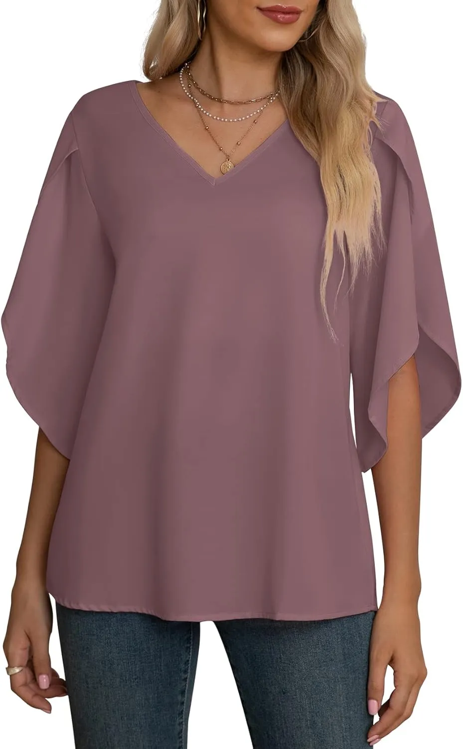Jouica Women's Fall Casual 3/4 Ruffled Sleeve Chiffon Blouse Tops for Women