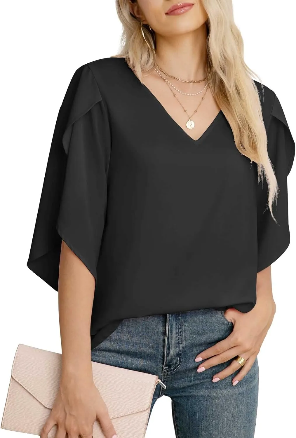 Jouica Women's Fall Casual 3/4 Ruffled Sleeve Chiffon Blouse Tops for Women