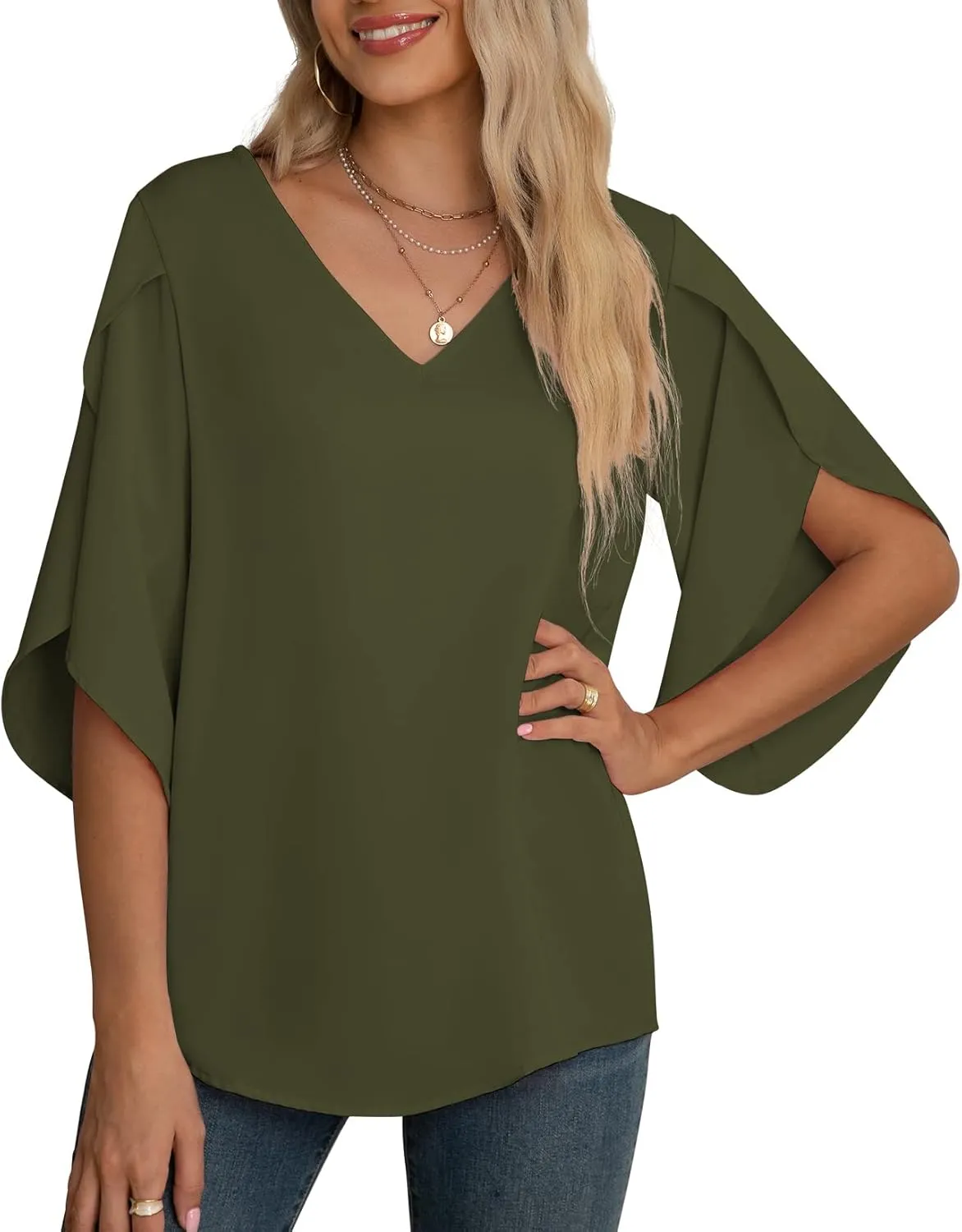 Jouica Women's Fall Casual 3/4 Ruffled Sleeve Chiffon Blouse Tops for Women