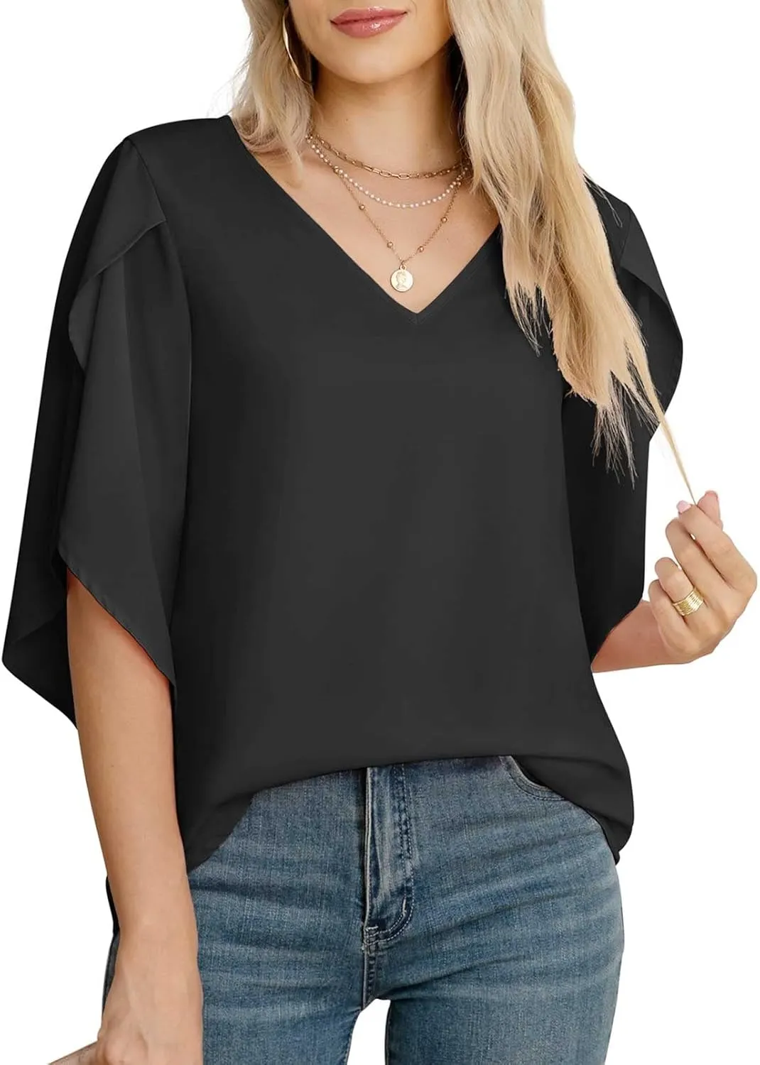 Jouica Women's Fall Casual 3/4 Ruffled Sleeve Chiffon Blouse Tops for Women
