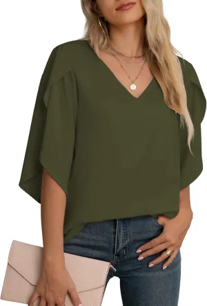 Jouica Women's Fall Casual 3/4 Ruffled Sleeve Chiffon Blouse Tops for Women