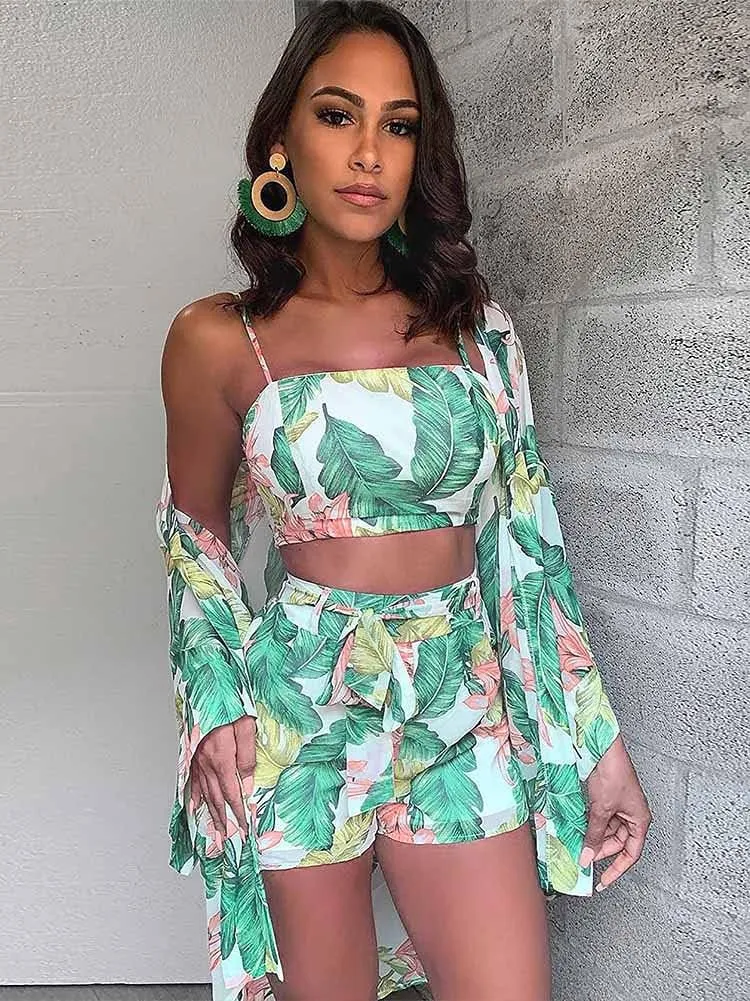 KEYUFANG Women 3 Piece Vocation Outfits Summer Suit Floral Kimono Cardigans Beach Cover Up Crop Cami Top Short Set