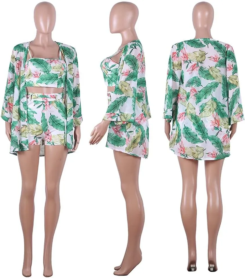 KEYUFANG Women 3 Piece Vocation Outfits Summer Suit Floral Kimono Cardigans Beach Cover Up Crop Cami Top Short Set