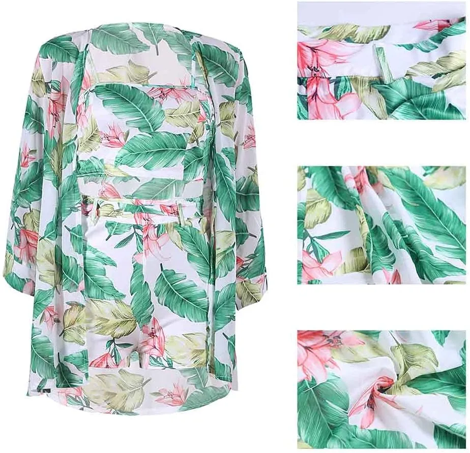 KEYUFANG Women 3 Piece Vocation Outfits Summer Suit Floral Kimono Cardigans Beach Cover Up Crop Cami Top Short Set
