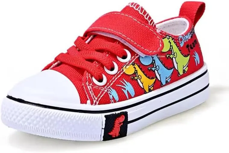 Kids Dinosaur Canvas Sneakers, Red Low Top Shoes with Strap, Casual Tennis Walking Shoes