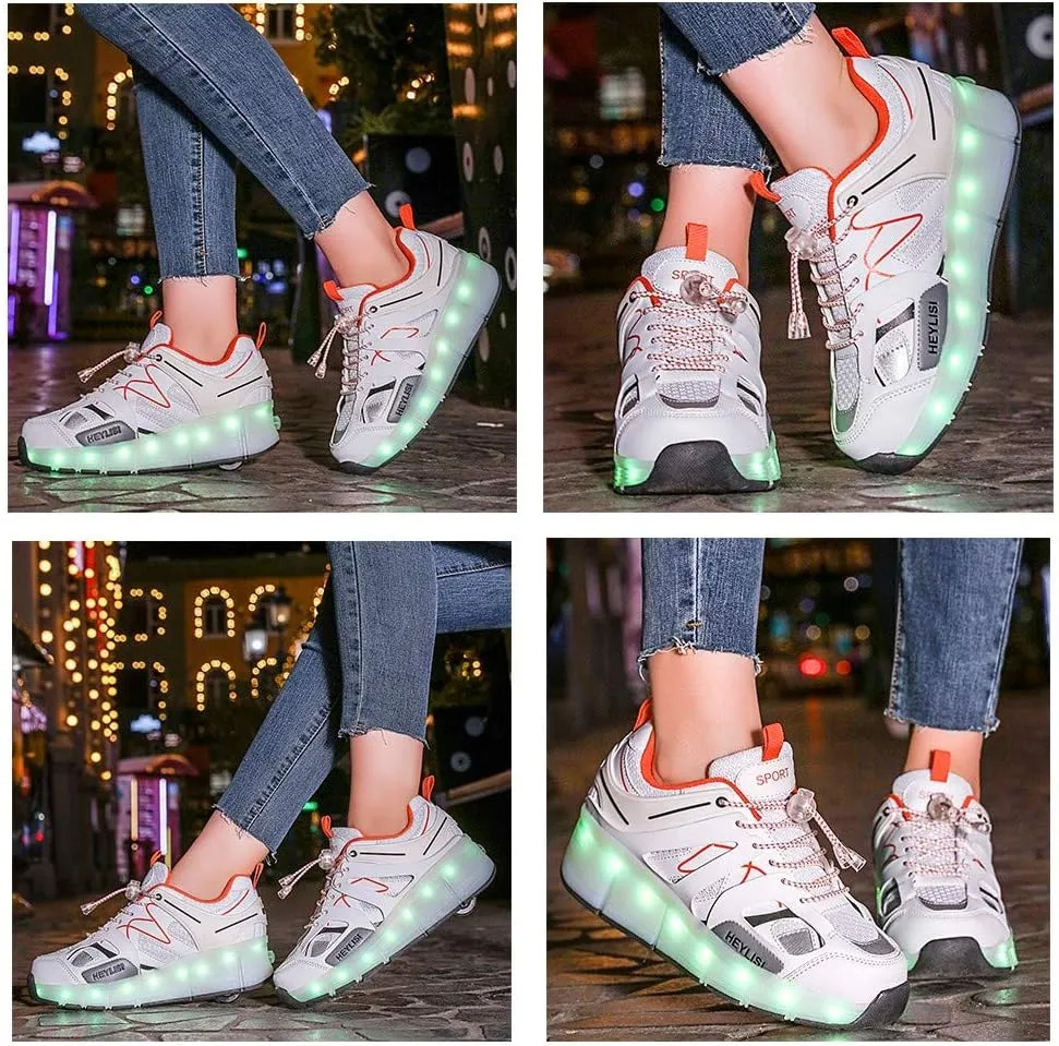 Kids USB Charging Led Light Up Shoes with Wheels Fashion Sneakers Kids Skateboarding for Girls Boys Shoes Comfortable Mesh Surface Thanksgiving Christmas Day Best GiftWhite-USA 4