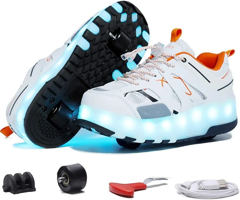 Kids USB Charging Led Light Up Shoes with Wheels Fashion Sneakers Kids Skateboarding for Girls Boys Shoes Comfortable Mesh Surface Thanksgiving Christmas Day Best GiftWhite-USA 4