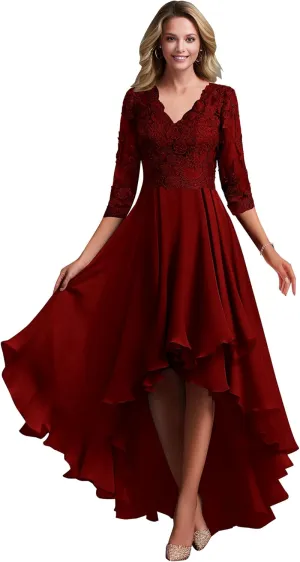 Lace Appliques Hi-Low Mother of The Bride Dresses for Wedding Chiffon 3/4 Sleeve Formal Evening Gown