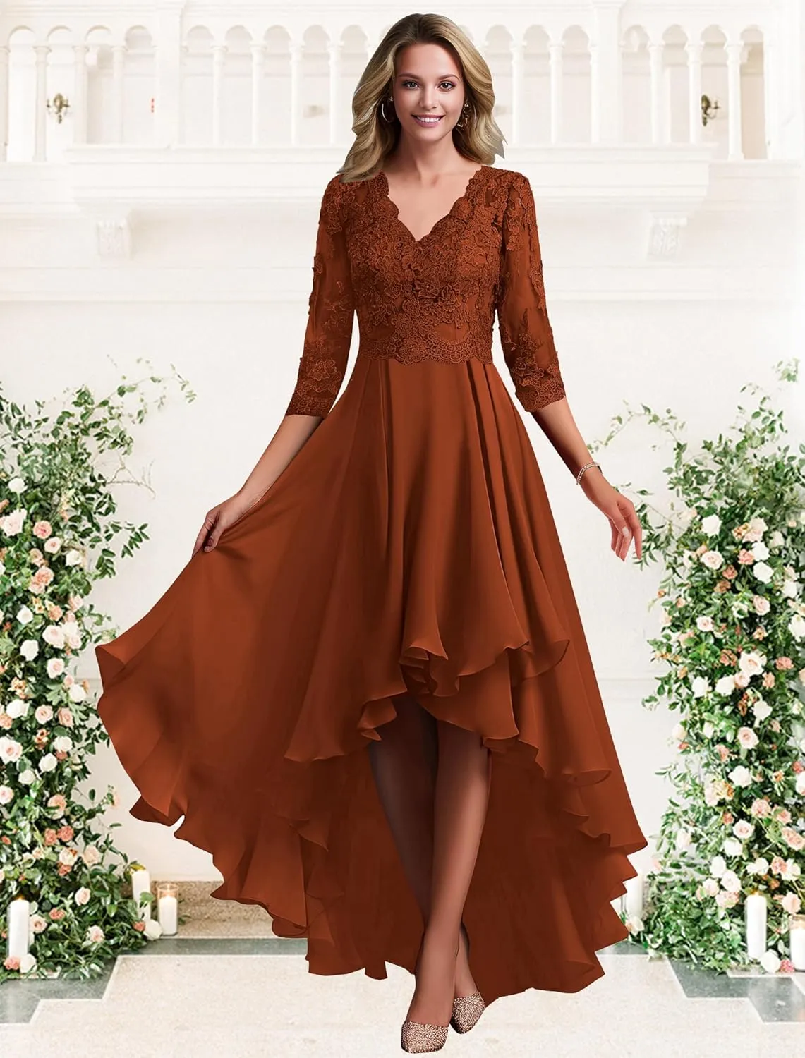Lace Appliques Hi-Low Mother of The Bride Dresses for Wedding Chiffon 3/4 Sleeve Formal Evening Gown