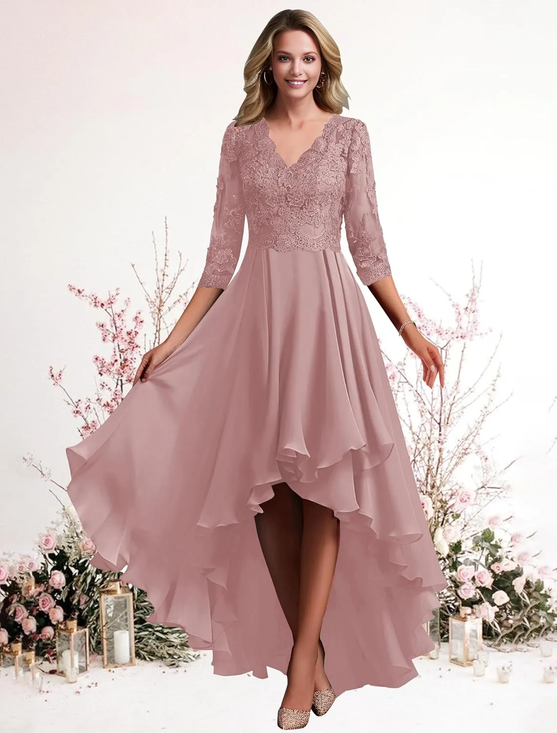 Lace Appliques Hi-Low Mother of The Bride Dresses for Wedding Chiffon 3/4 Sleeve Formal Evening Gown