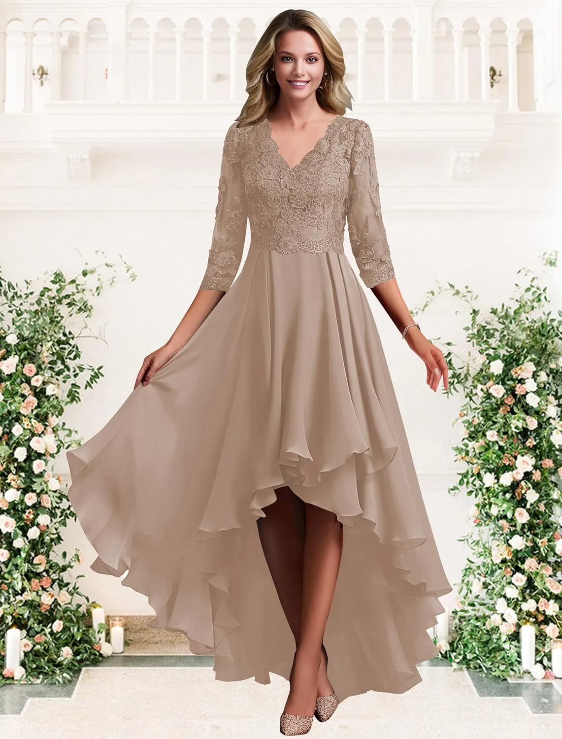 Lace Appliques Hi-Low Mother of The Bride Dresses for Wedding Chiffon 3/4 Sleeve Formal Evening Gown