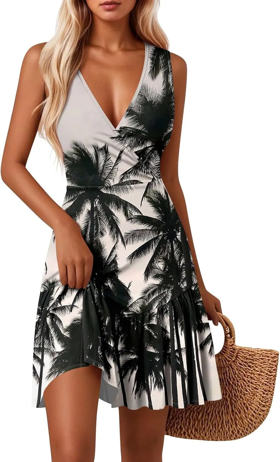 Ladies Dressy Dresses Sleeveless Sundress Floral V Neck Knee Length A-Line Beach Ruffle Hem Pleated Dress