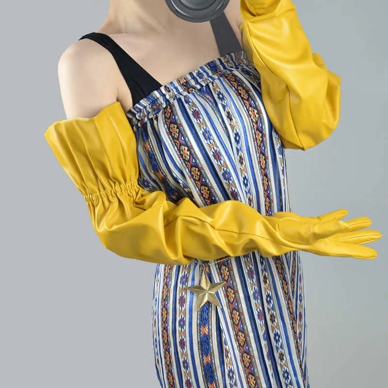 Lantern Sleeve Long Gloves Vegan Leather Womens Long Gloves Yellow