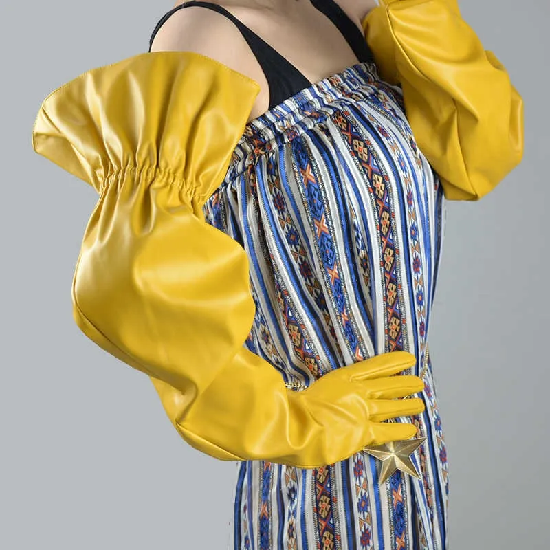 Lantern Sleeve Long Gloves Vegan Leather Womens Long Gloves Yellow