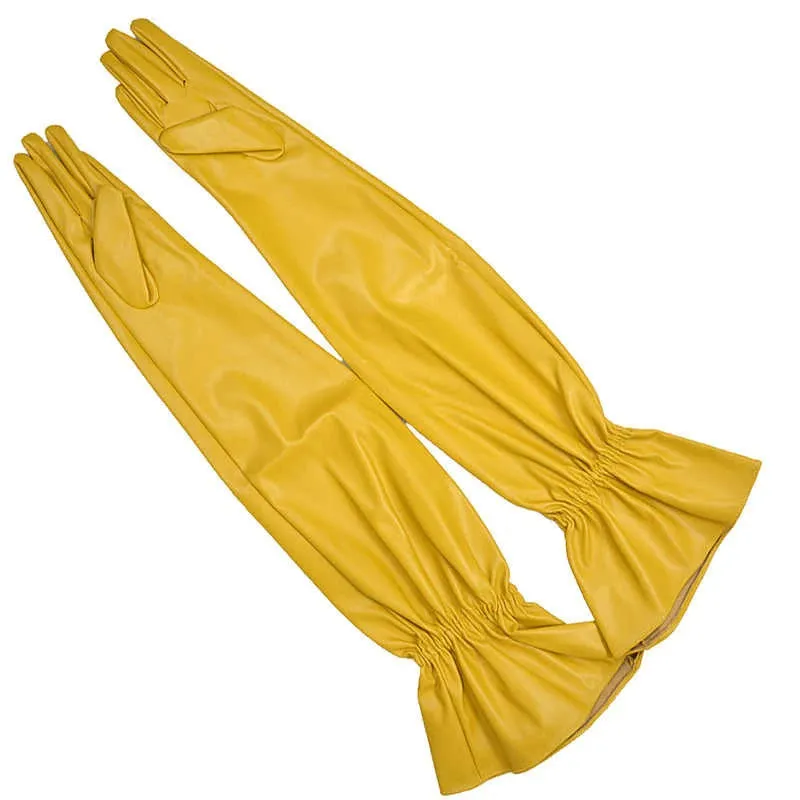 Lantern Sleeve Long Gloves Vegan Leather Womens Long Gloves Yellow