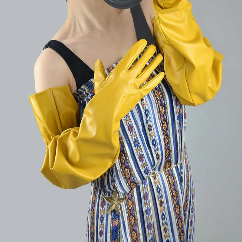 Lantern Sleeve Long Gloves Vegan Leather Womens Long Gloves Yellow