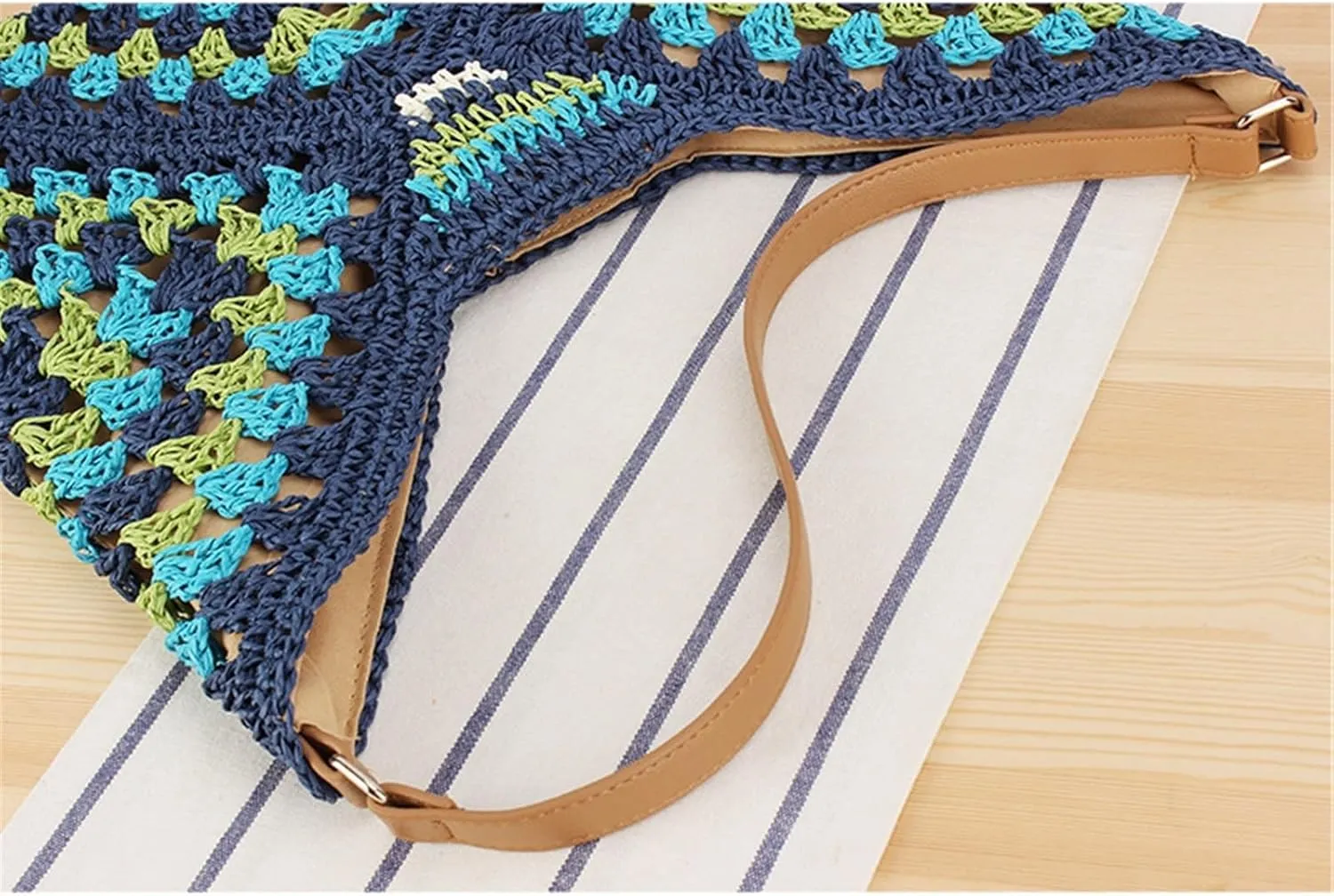 Large Capacity Woven Bag 2024 All-match Fashion Paper Rope Woven Bag Holiday Commuter Bag(Blue)