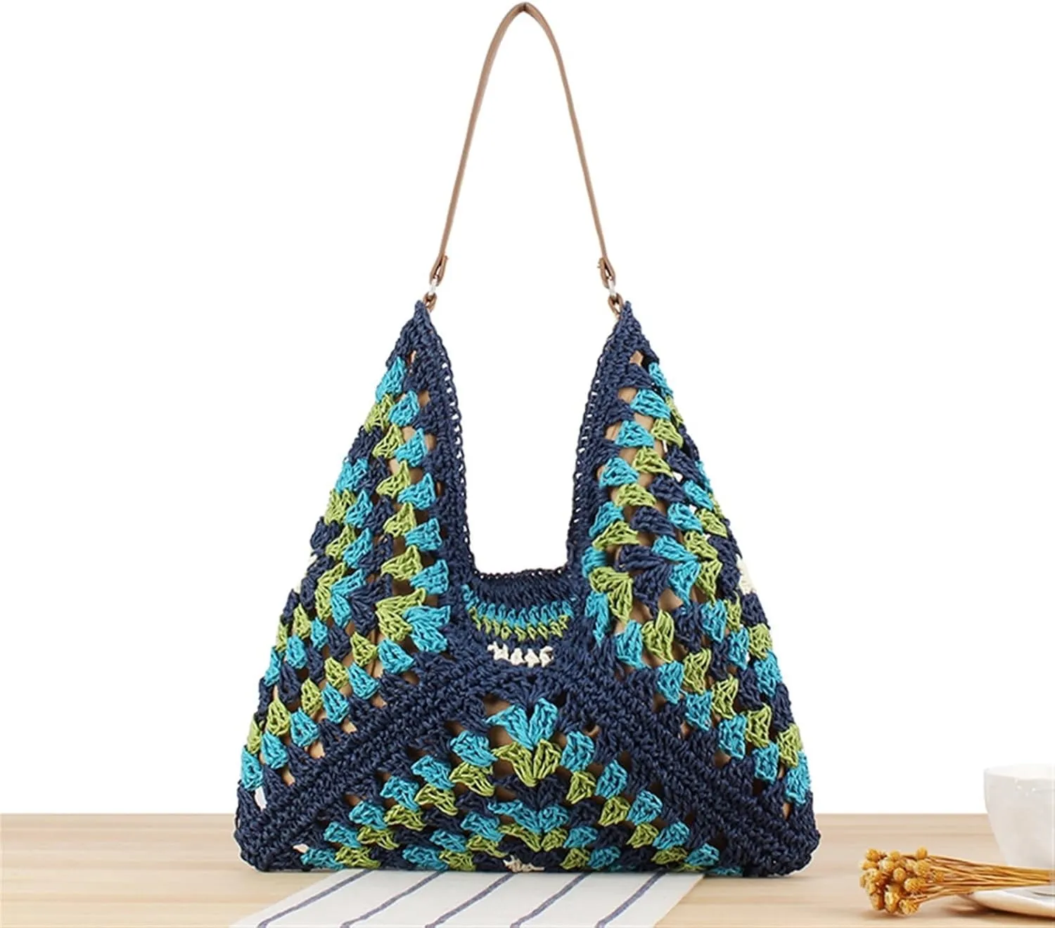 Large Capacity Woven Bag 2024 All-match Fashion Paper Rope Woven Bag Holiday Commuter Bag(Blue)