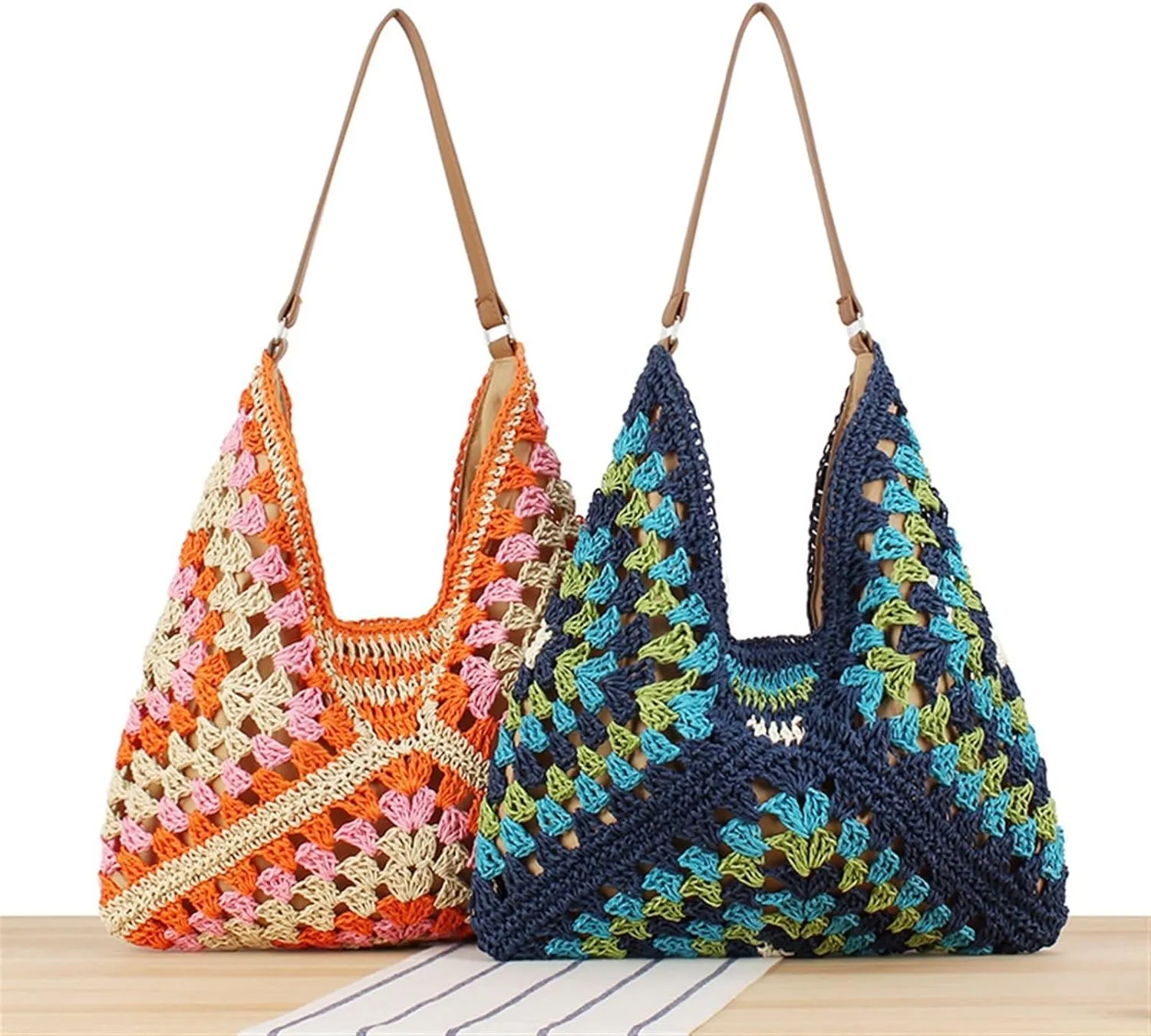 Large Capacity Woven Bag 2024 All-match Fashion Paper Rope Woven Bag Holiday Commuter Bag(Blue)