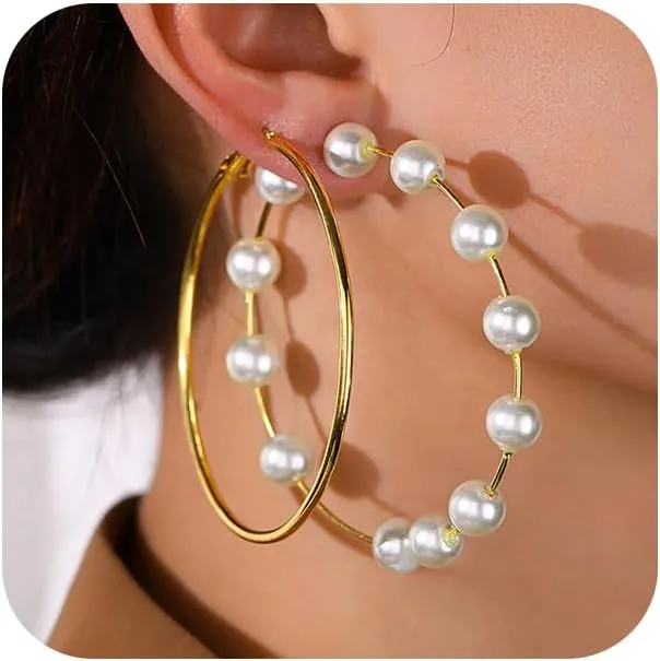 Large Gold Pearl Hoop Earrings Set for Women Trendy Round Bead Pearls Big Hoops Statement Dangle Earring Minimalist Oversized Circle Dangling Jewelry Sets