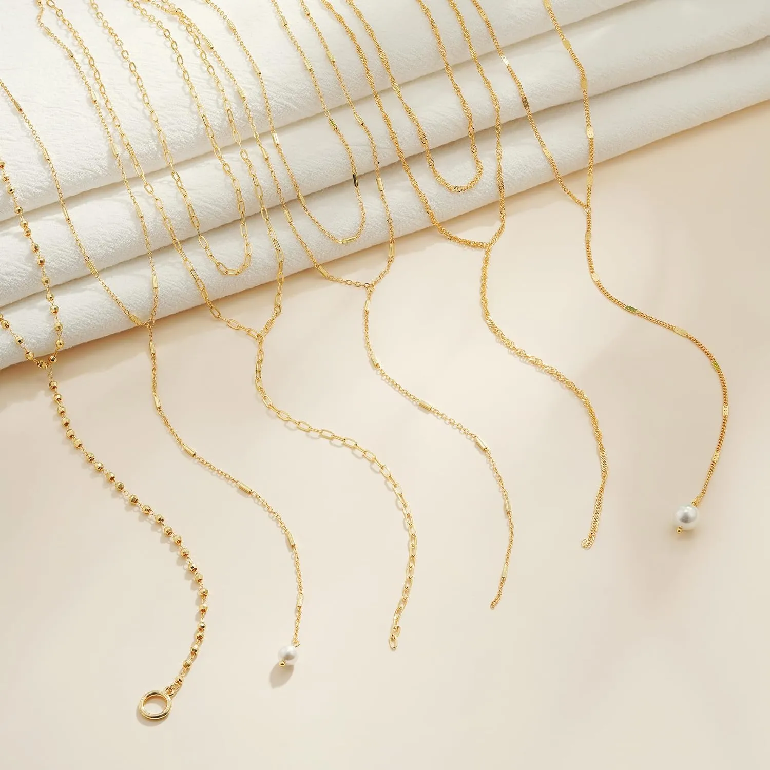 Lariat Gold Necklace for Women, Dainty Long Necklace 14k Gold Plated Y-Shaped Necklace Trendy Layered Bar Paperclip Link Beaded Chain Necklaces Simple Gold Jewelry for Women Gift
