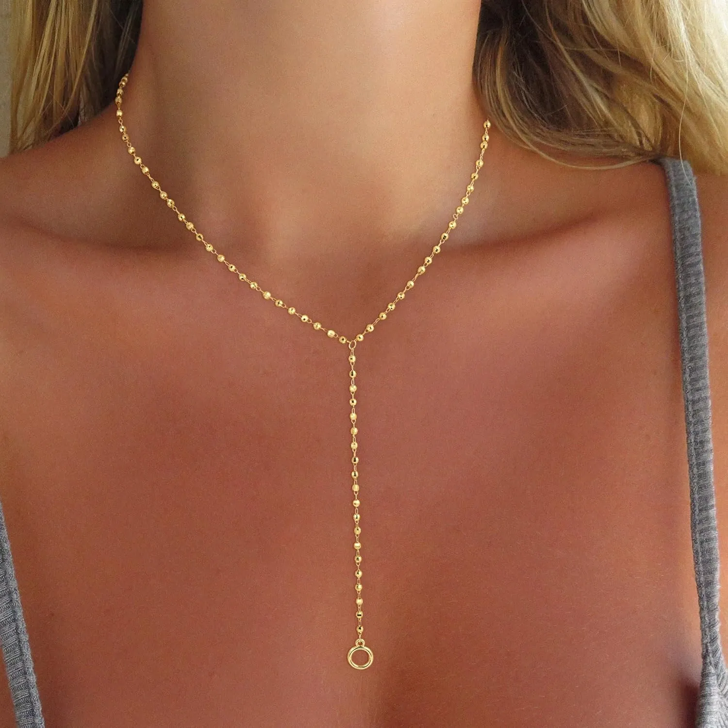 Lariat Gold Necklace for Women, Dainty Long Necklace 14k Gold Plated Y-Shaped Necklace Trendy Layered Bar Paperclip Link Beaded Chain Necklaces Simple Gold Jewelry for Women Gift