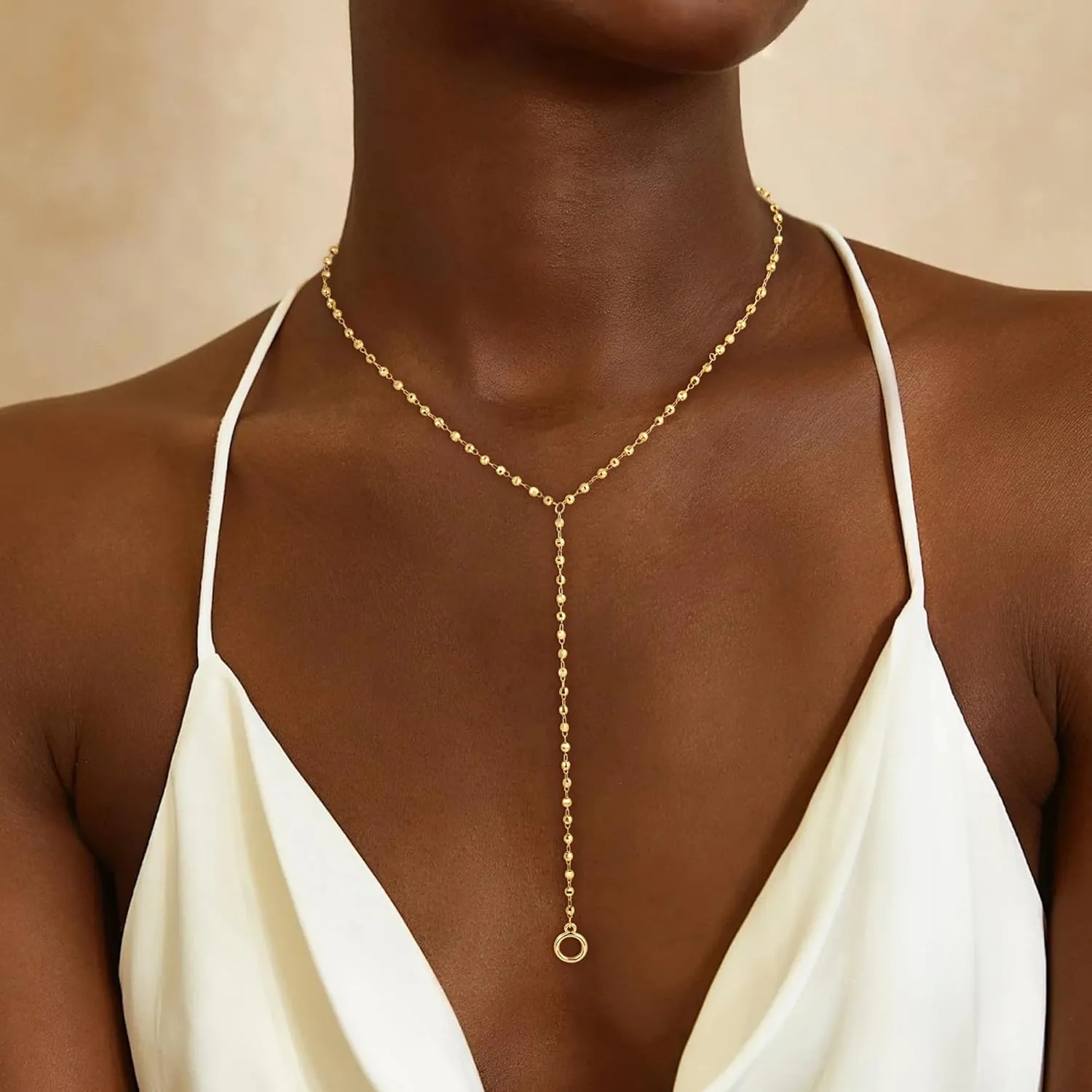 Lariat Gold Necklace for Women, Dainty Long Necklace 14k Gold Plated Y-Shaped Necklace Trendy Layered Bar Paperclip Link Beaded Chain Necklaces Simple Gold Jewelry for Women Gift