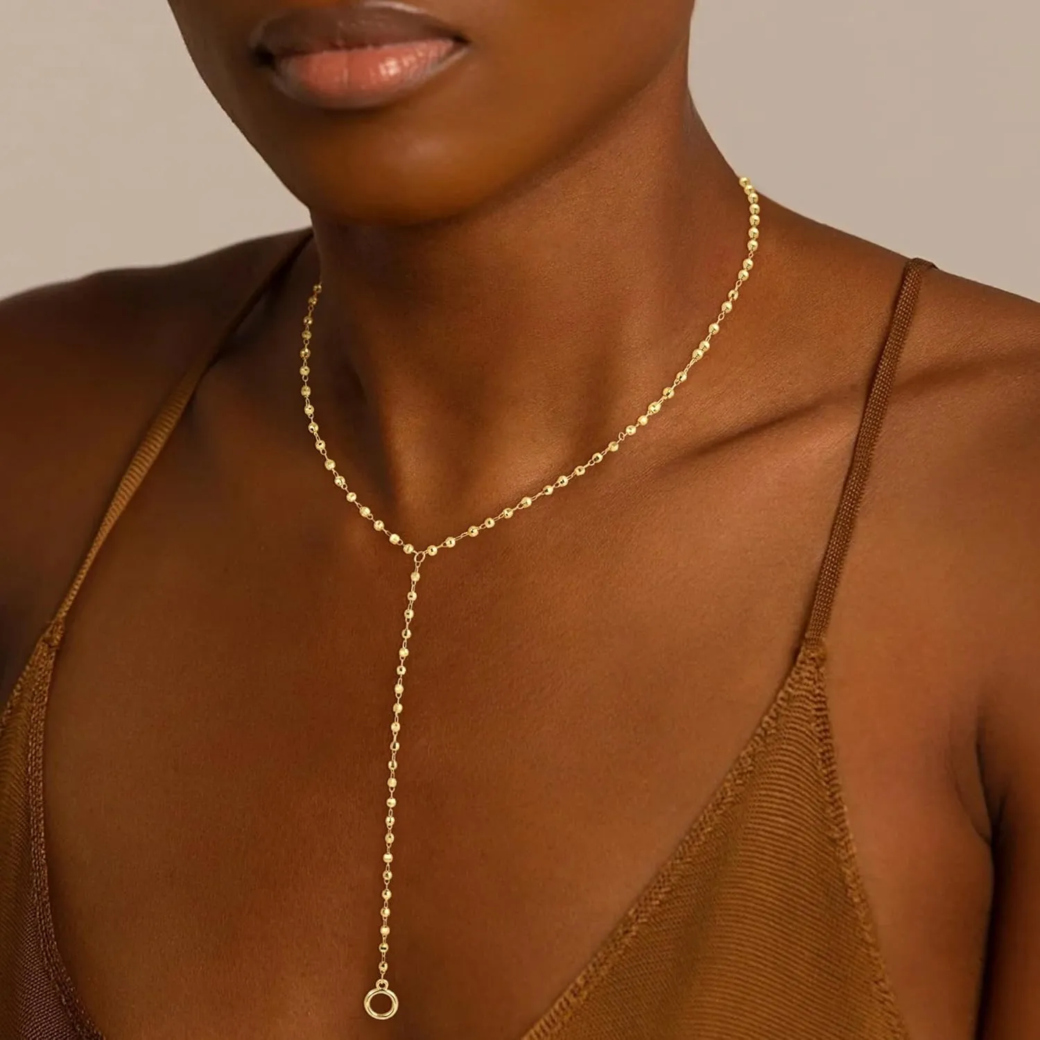 Lariat Gold Necklace for Women, Dainty Long Necklace 14k Gold Plated Y-Shaped Necklace Trendy Layered Bar Paperclip Link Beaded Chain Necklaces Simple Gold Jewelry for Women Gift