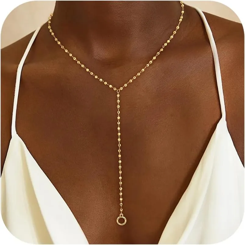 Lariat Gold Necklace for Women, Dainty Long Necklace 14k Gold Plated Y-Shaped Necklace Trendy Layered Bar Paperclip Link Beaded Chain Necklaces Simple Gold Jewelry for Women Gift