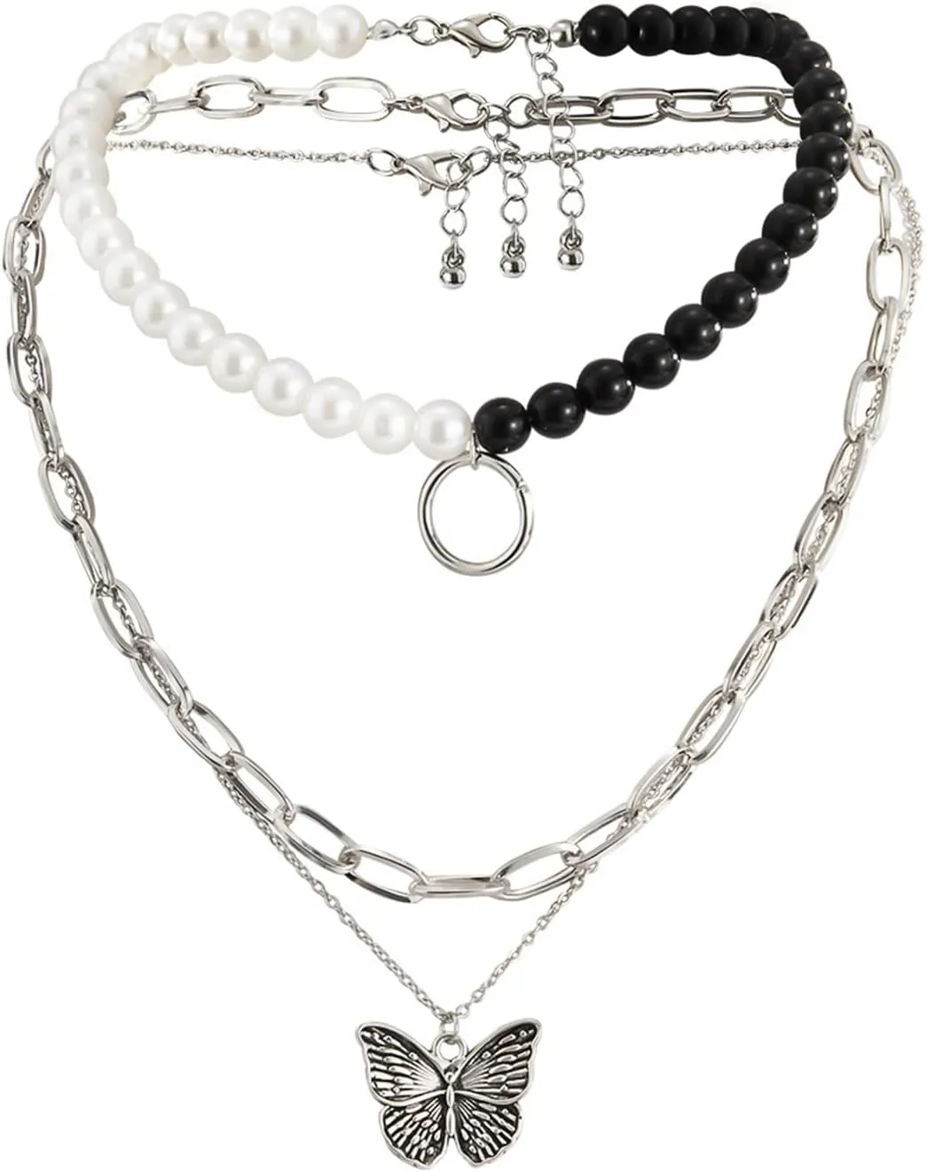 Layered Choker Necklaces for Women, Layered Necklaces for Women Butterfly Pearl Circle Pendant Chain Necklaces Jewelry for Women, 3 Pieces, White Gold, 39CM