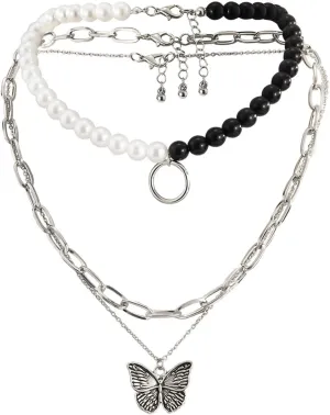 Layered Choker Necklaces for Women, Layered Necklaces for Women Butterfly Pearl Circle Pendant Chain Necklaces Jewelry for Women, 3 Pieces, White Gold, 39CM