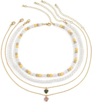 Layered Choker Necklaces for Women, Layered Necklaces for Women Heart Pearl Pendant Chain Necklaces Jewelry for Women and Girl, 4 Pieces, Gold