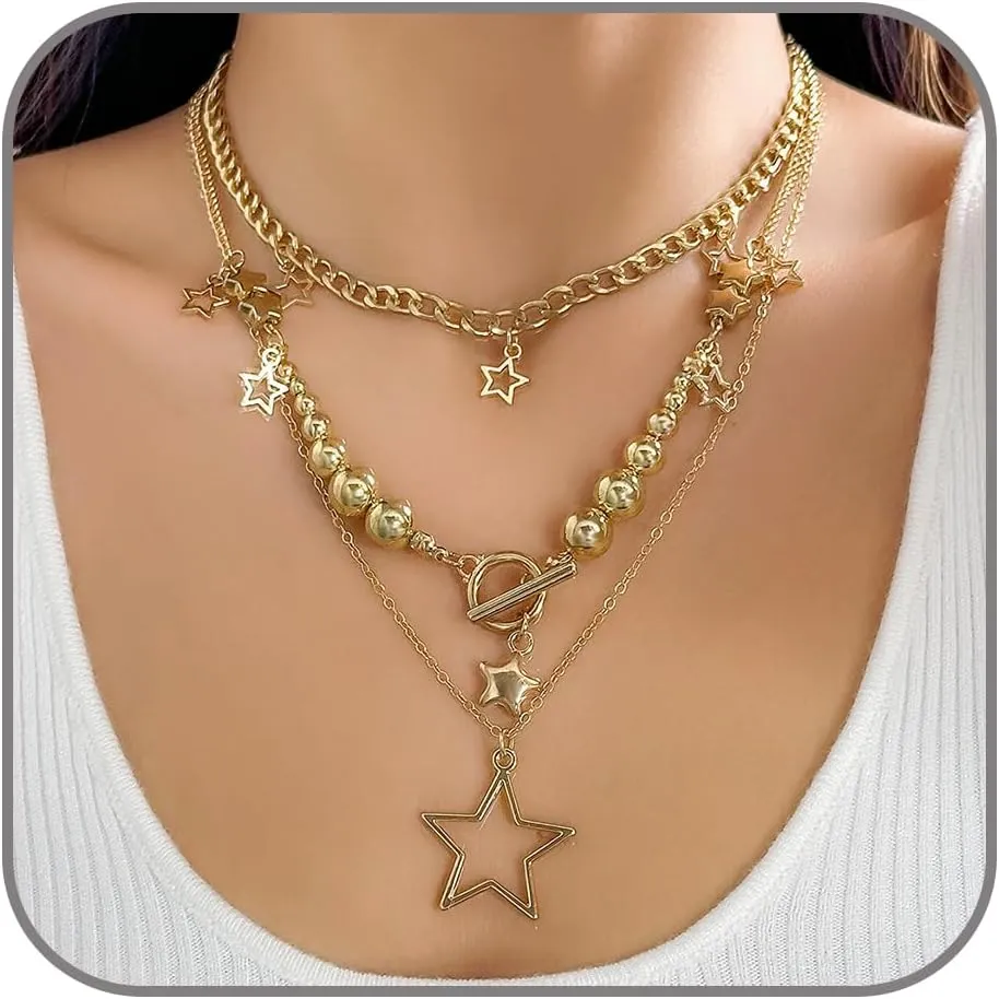 Layered Gold Necklaces for Women 3Pcs Stacked Choker Necklaces Sets Multi Star Pendant Necklace Fashion Statement Gold Necklace Trendy Y2k Necklace Jewelry