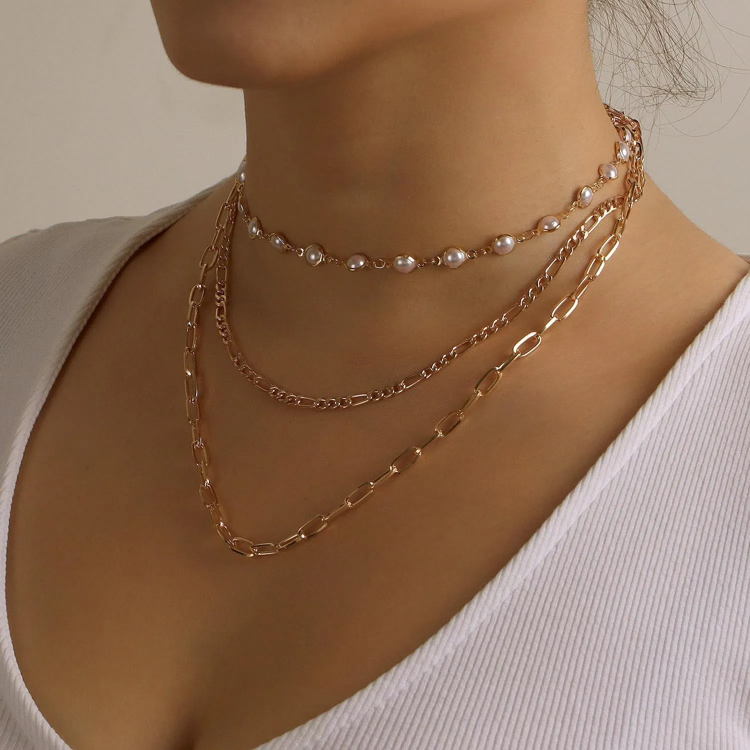 Layered Gold Necklaces for Women Stackable Paper Clip Heart Pendant Necklace Layered Pearl Chain Necklace Layering Herringbone Necklace Set Fashion Pendant Choker Necklaces for Women
