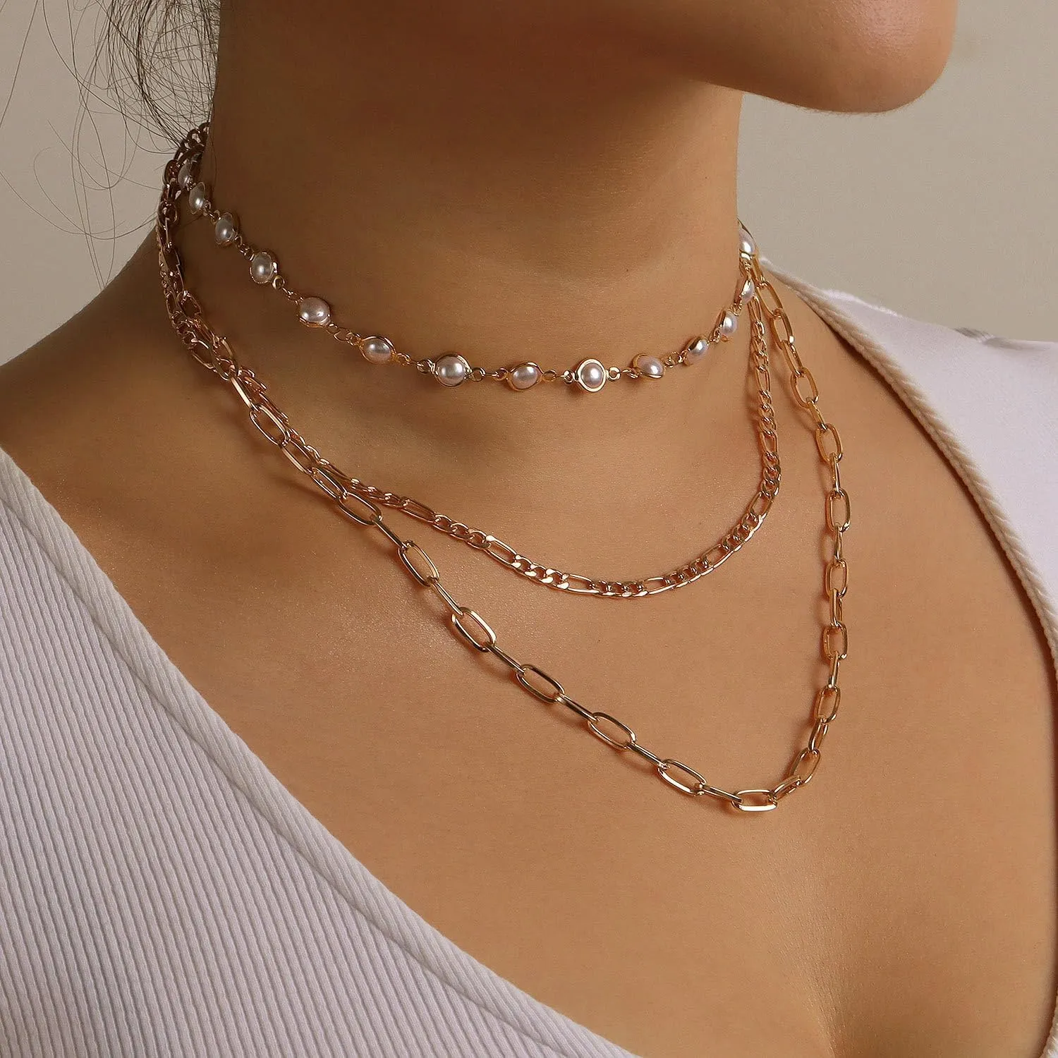 Layered Gold Necklaces for Women Stackable Paper Clip Heart Pendant Necklace Layered Pearl Chain Necklace Layering Herringbone Necklace Set Fashion Pendant Choker Necklaces for Women