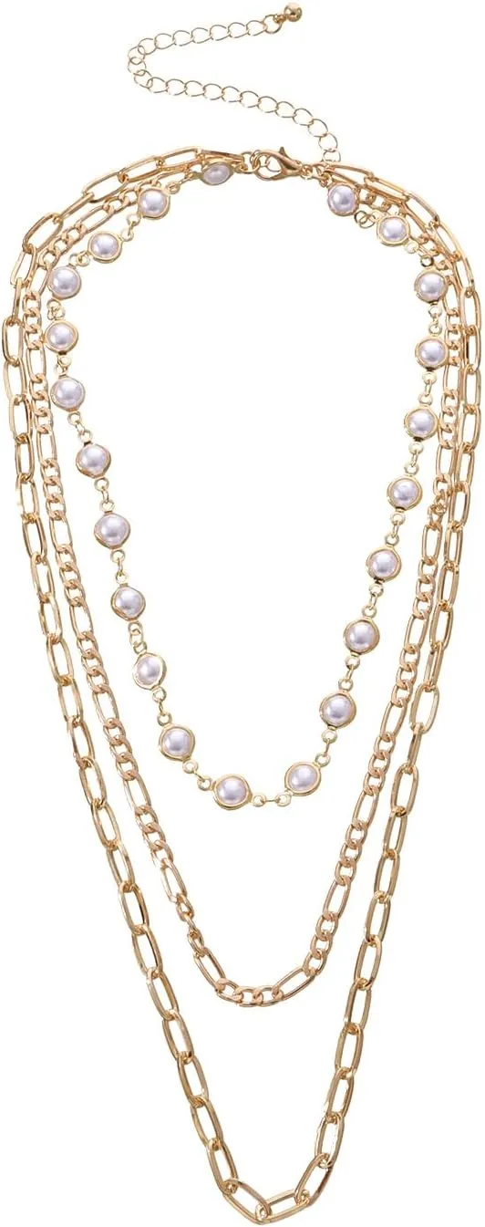 Layered Gold Necklaces for Women Stackable Paper Clip Heart Pendant Necklace Layered Pearl Chain Necklace Layering Herringbone Necklace Set Fashion Pendant Choker Necklaces for Women