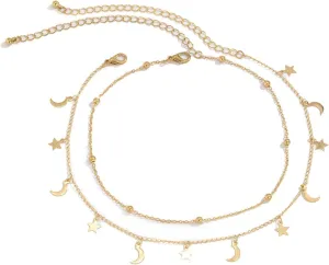 Layered Necklaces for Women, Dainty Layered Necklaces for Women Star and Moon Tassel Chain Chain Necklaces Jewelry Birthday Gift for Her, 2 Pieces