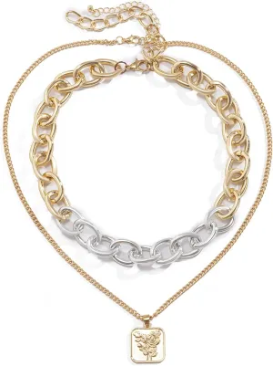 Layering Necklaces for Women, Dainty Layered Necklaces for Women Rose Pendant Chain Necklaces Jewelry Birthday Gift for Her, 2 Pieces, Silver Gold, 47CM