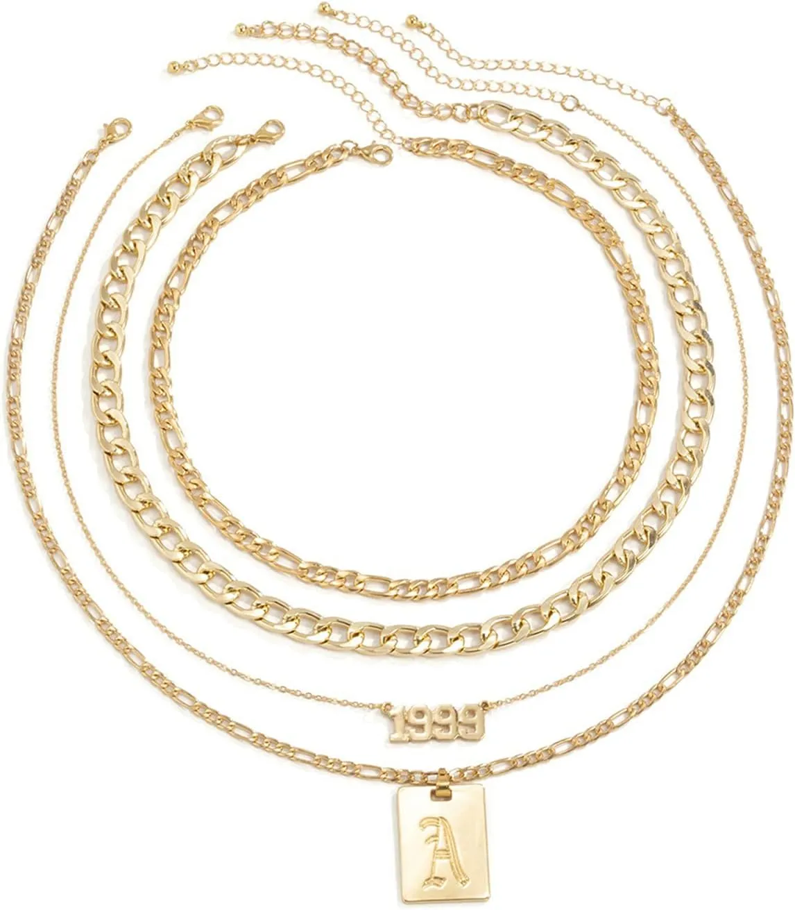 Layering Necklaces for Women Trendy , Rectangle Tag Cuban Figaro Chain 4 Layered Layered Necklaces for Women Silver with Initials