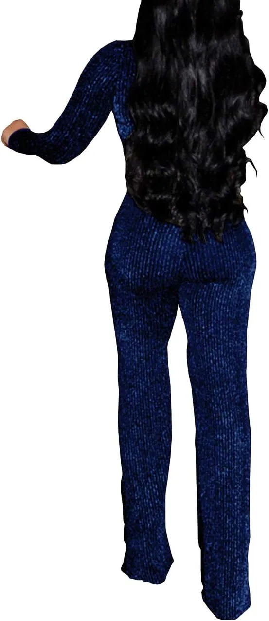 LightlyKiss Women Casual Sexy V Neck Sparkly Jumpsuits Long Sleeve Onesie Loose Pants Party Clubwear with Belt