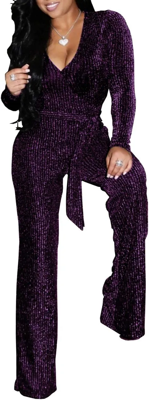 LightlyKiss Women Casual Sexy V Neck Sparkly Jumpsuits Long Sleeve Onesie Loose Pants Party Clubwear with Belt